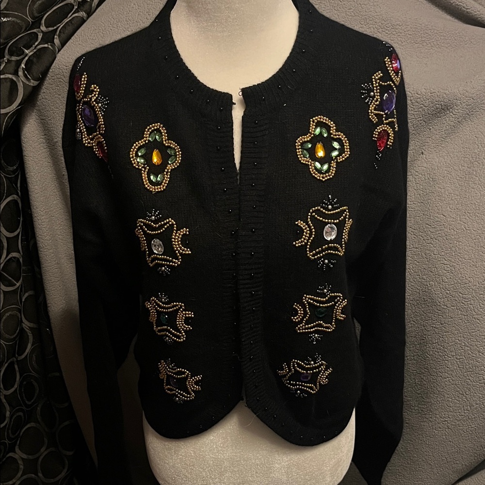 Embellished Black Cardigan Sweater